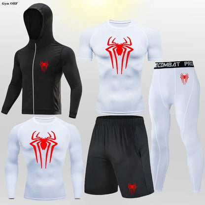 New Fashion Spider Summer Compression T Shirt Set Men Jiu Jitsu Tight Tracksuit Men Sets Fitness Clothing Sportswear Suit 2099