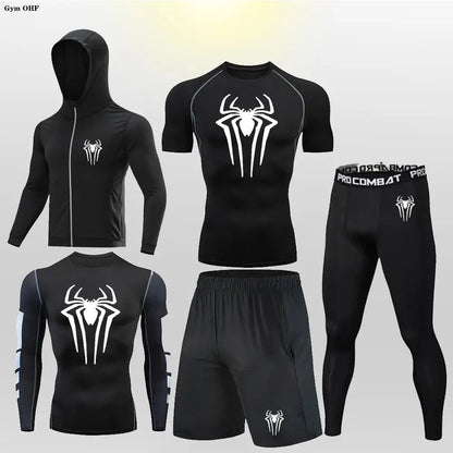 New Fashion Spider Summer Compression T Shirt Set Men Jiu Jitsu Tight Tracksuit Men Sets Fitness Clothing Sportswear Suit 2099