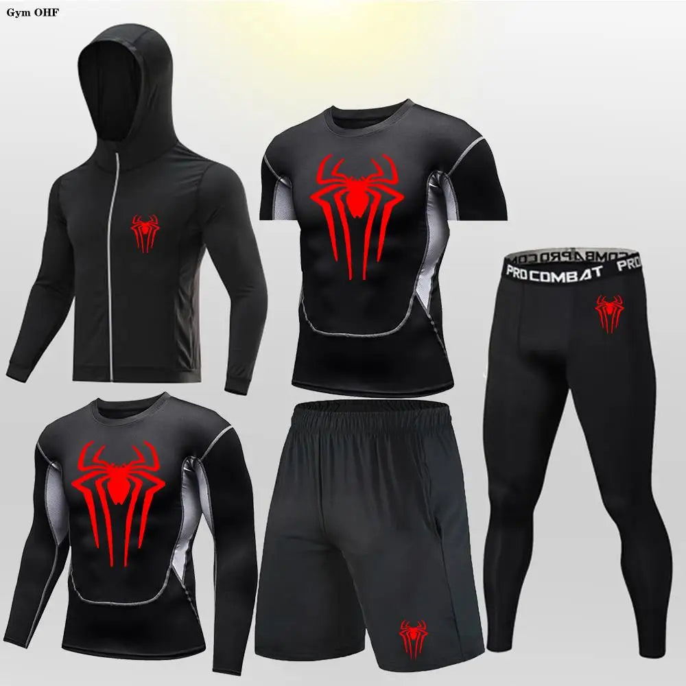 New Fashion Spider Summer Compression T Shirt Set Men Jiu Jitsu Tight Tracksuit Men Sets Fitness Clothing Sportswear Suit 2099
